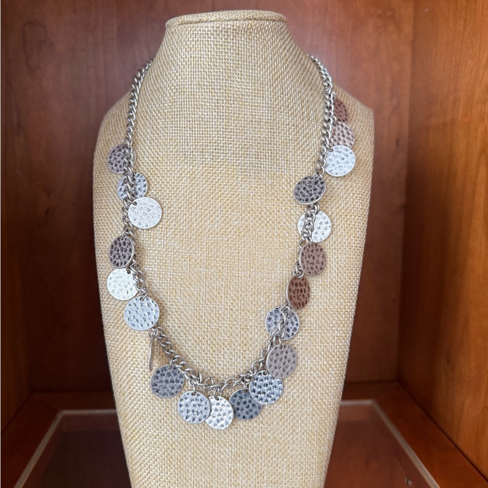 Silver Tone Chain  and Hammered Disc Necklace